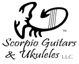Scorpio Guitars & Ukuleles logo with a stylized scorpion and stringed instrument design.