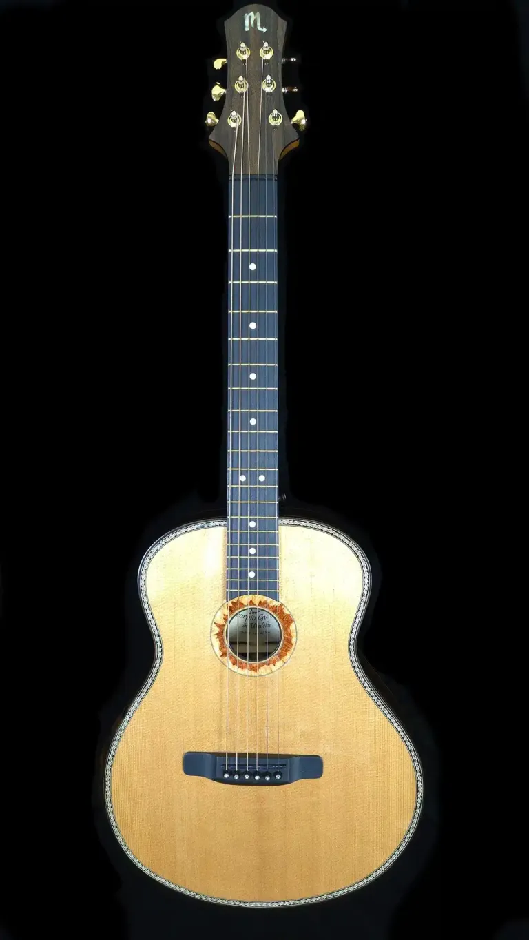 Full front view of a custom ukulele with a light wood top, dark fretboard, decorative rosette, and dark bridge.