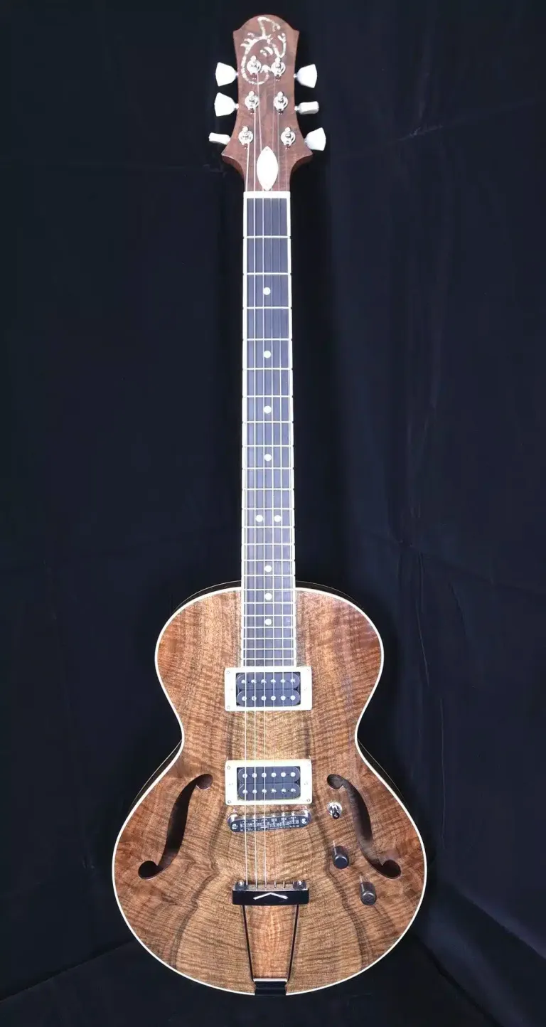 Full-length view of a custom semi-hollow electric guitar with figured wood top and dual humbuckers.