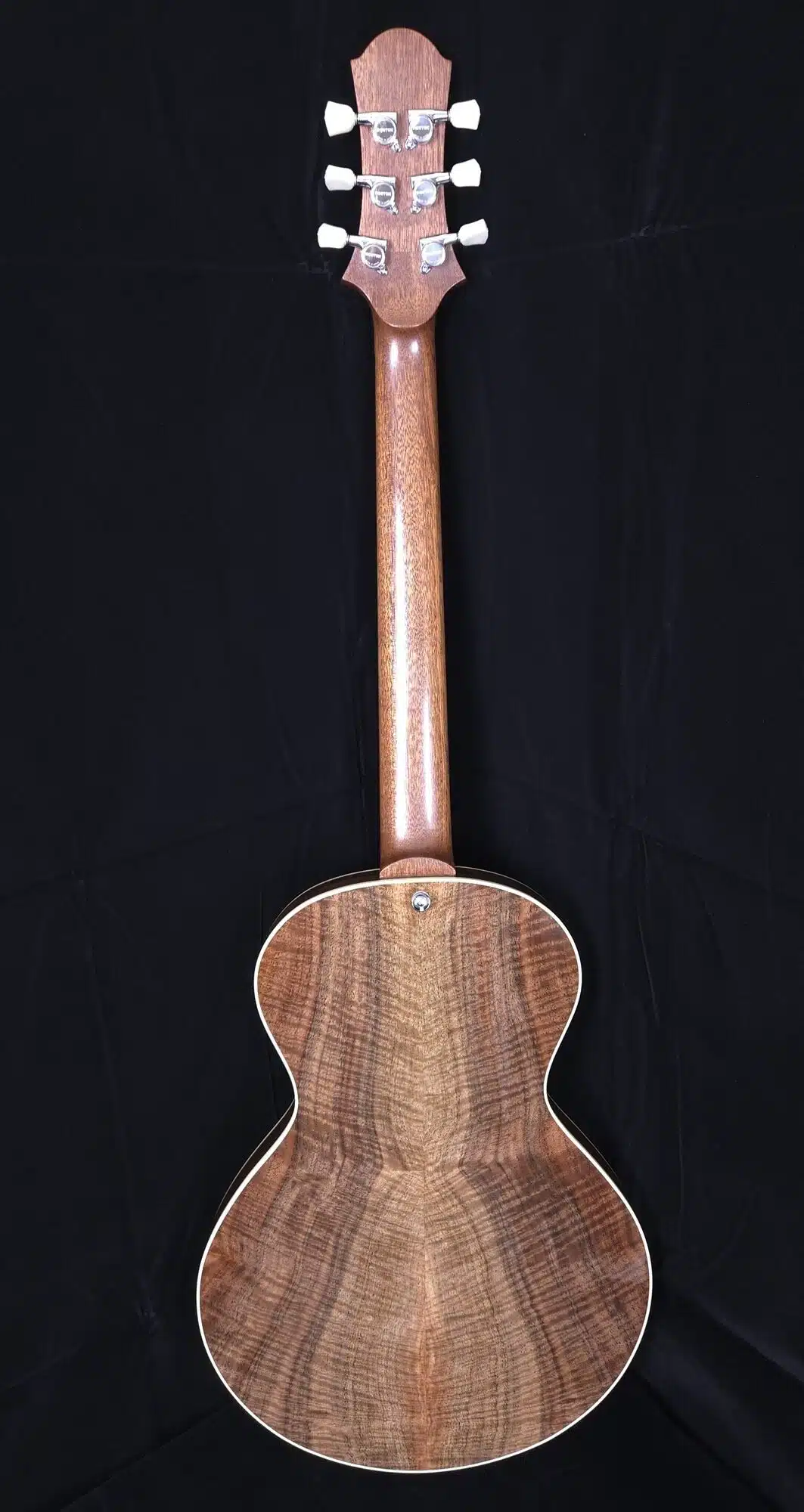 Rear view of a custom semi-hollow electric guitar showing a highly figured wood back and smooth neck finish.