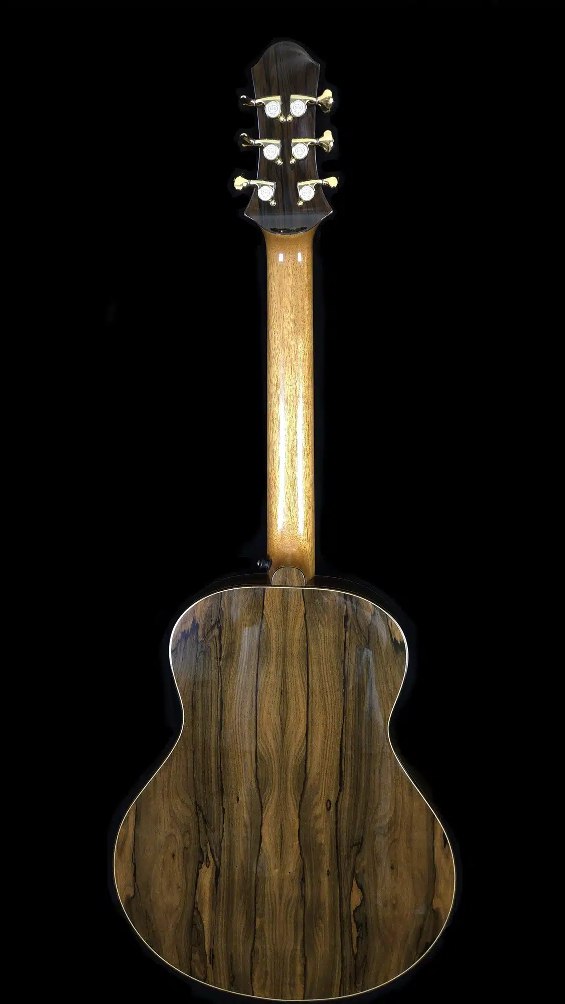 Rear view of a custom ukulele showing a dark figured wood back, glossy neck, and gold tuning machines.