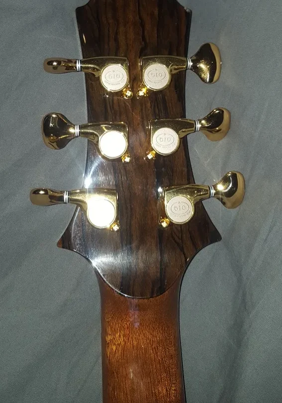 Back of guitar headstock showing dark wood grain and six gold 510 tuning machines.