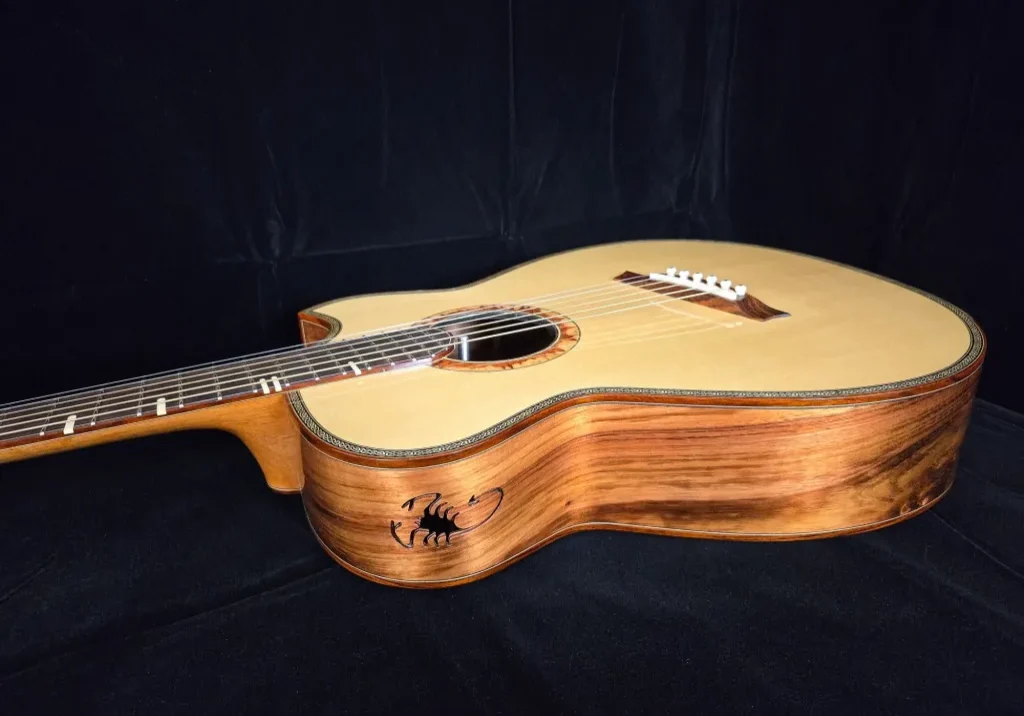 Side view of a handcrafted acoustic guitar with figured wood sides and scorpion inlay