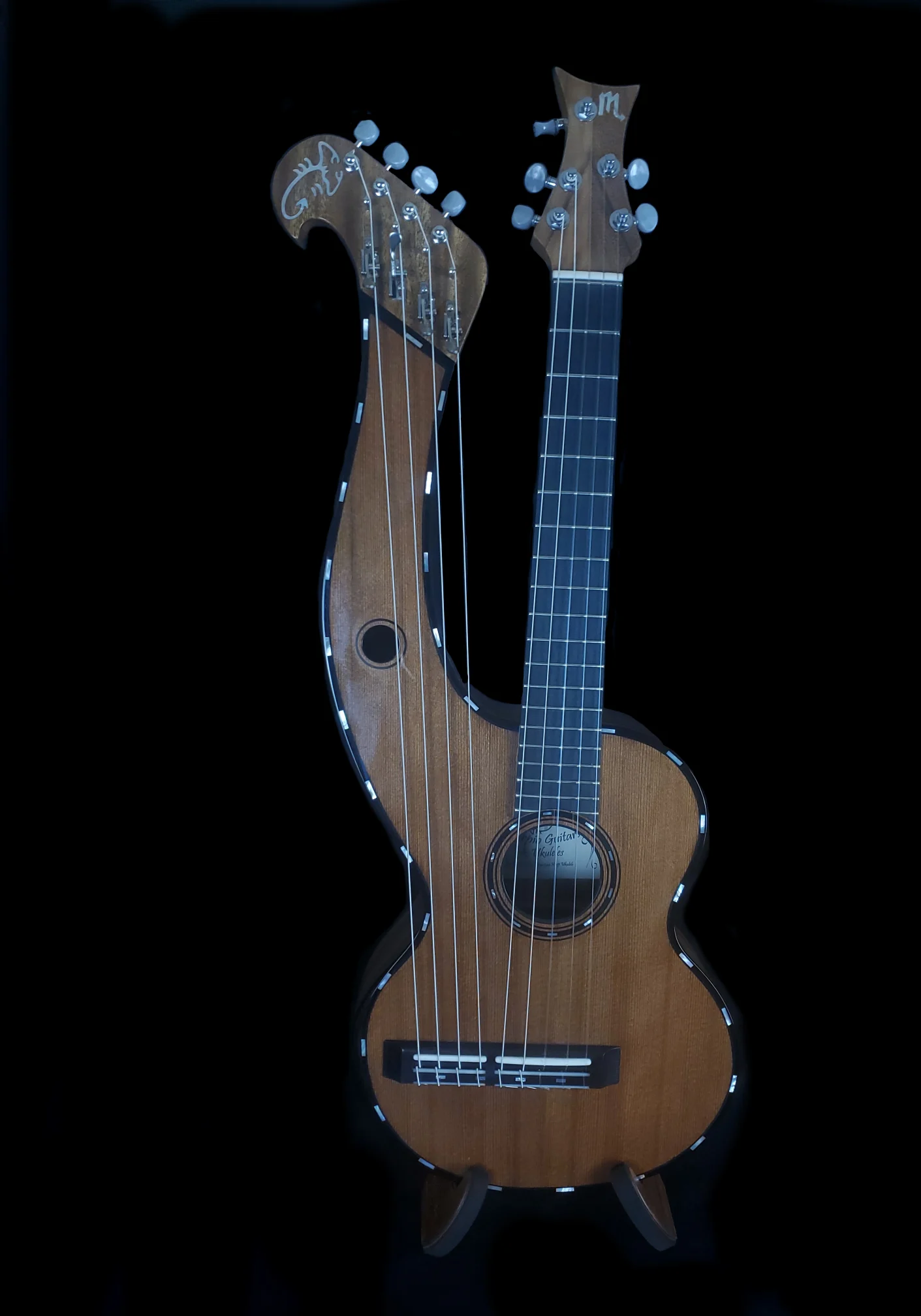 Double-neck ukulele featuring standard fretted neck and extended harp-style strings.